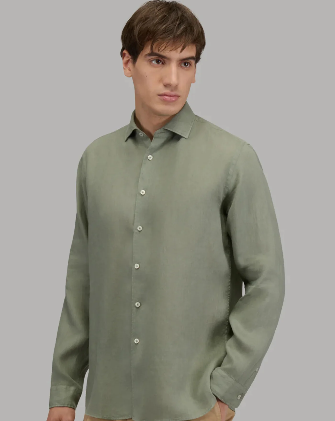 Camisa Cuello Francés Liso Lino Verde Militar - Image 6