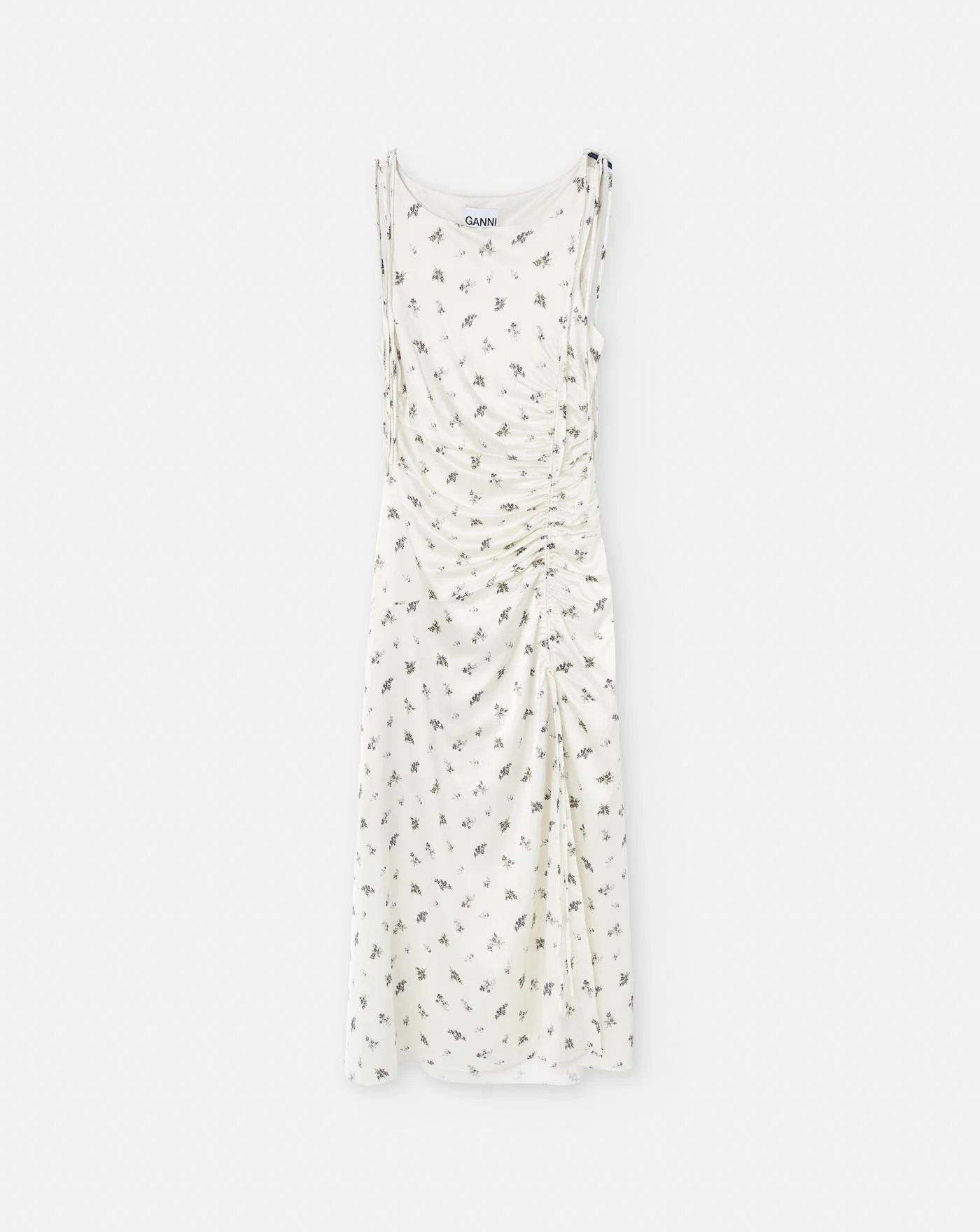 Vestido Ganni Printed Satin Gathered Long Dress