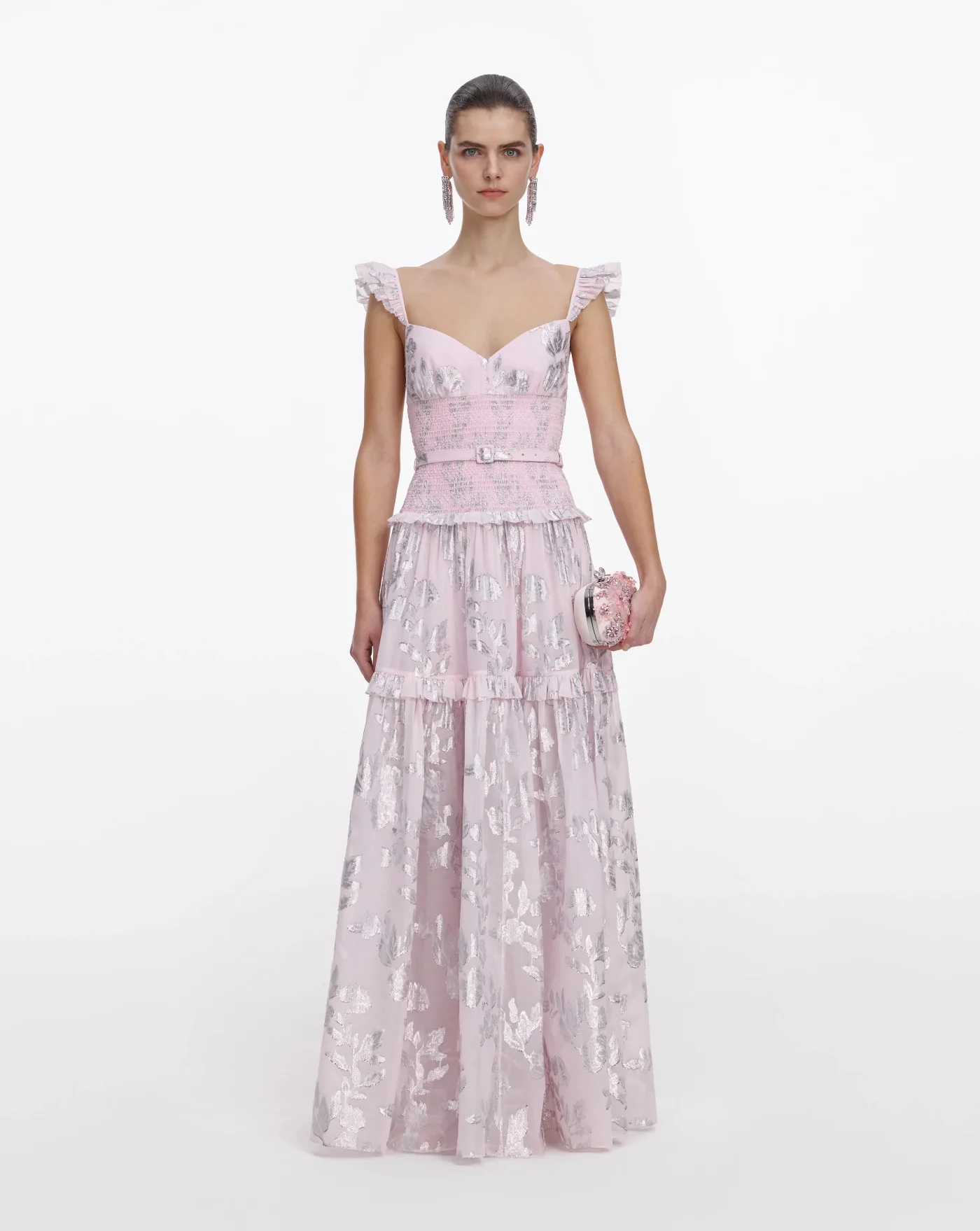 Vestido Self Portrait Pink Metallic Chiffon Flower Maxi Dress - Image 2