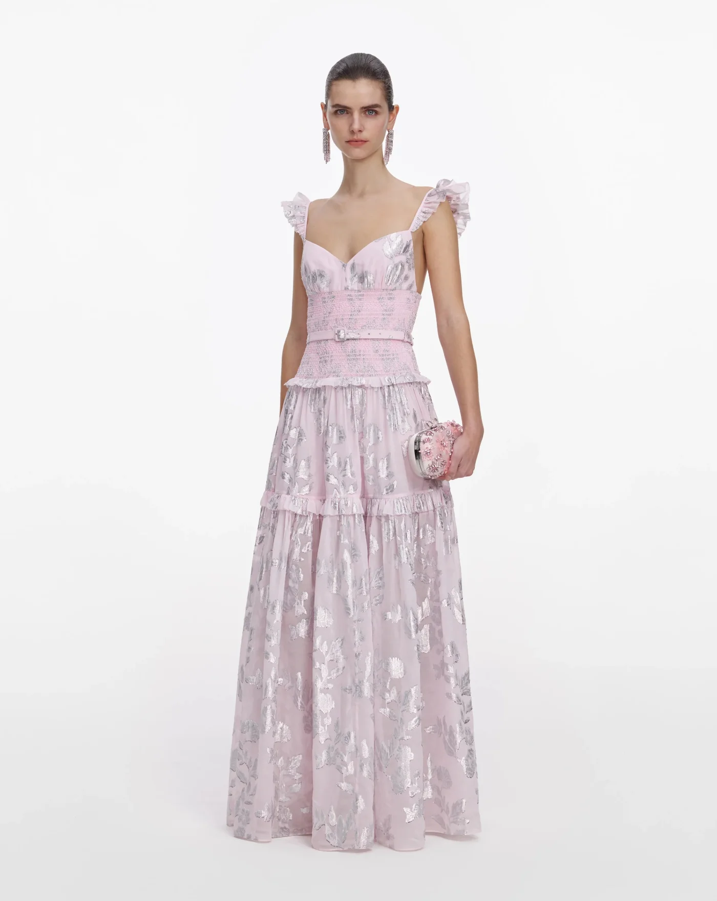 Vestido Self Portrait Pink Metallic Chiffon Flower Maxi Dress - Image 4