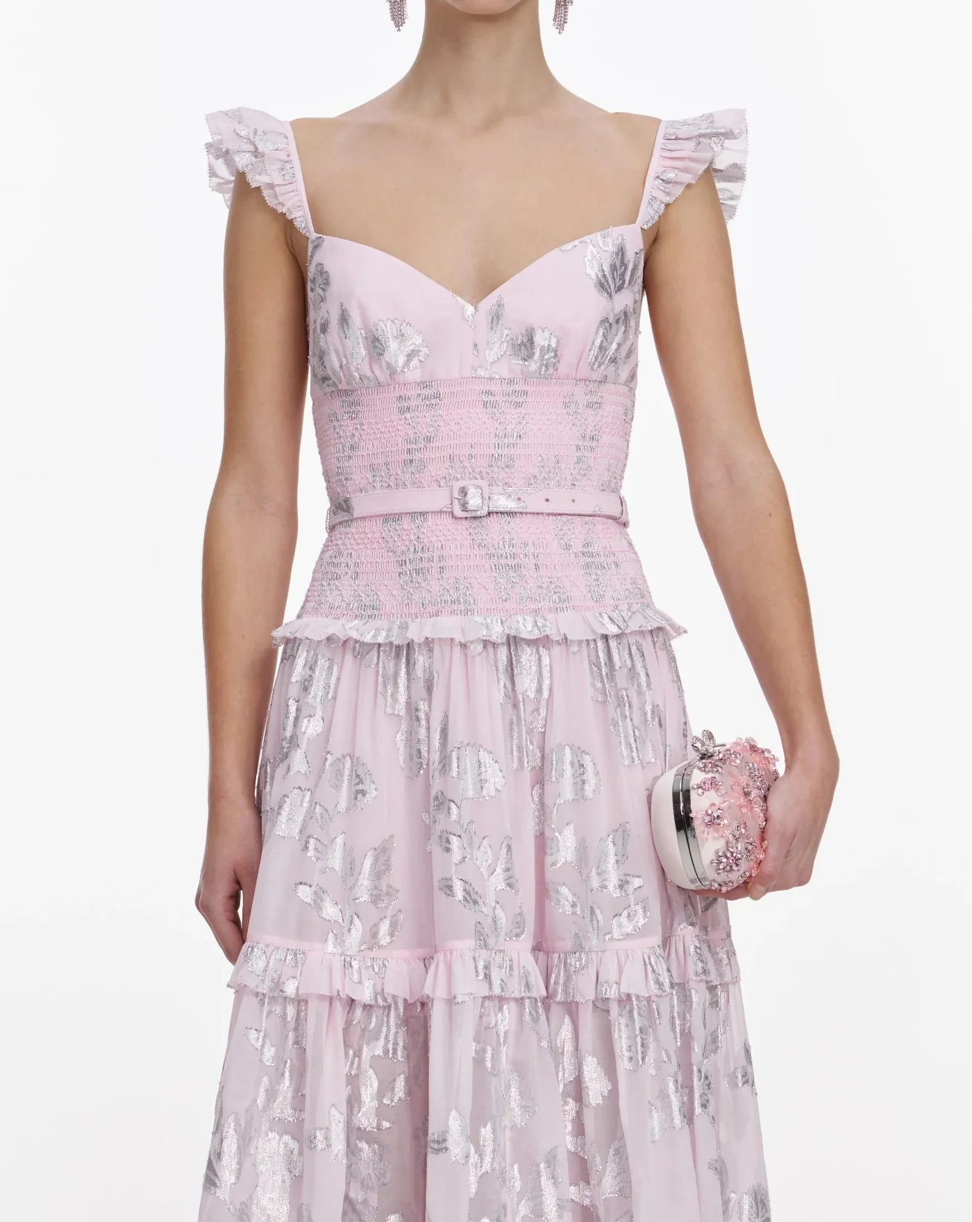 Vestido Self Portrait Pink Metallic Chiffon Flower Maxi Dress - Image 5