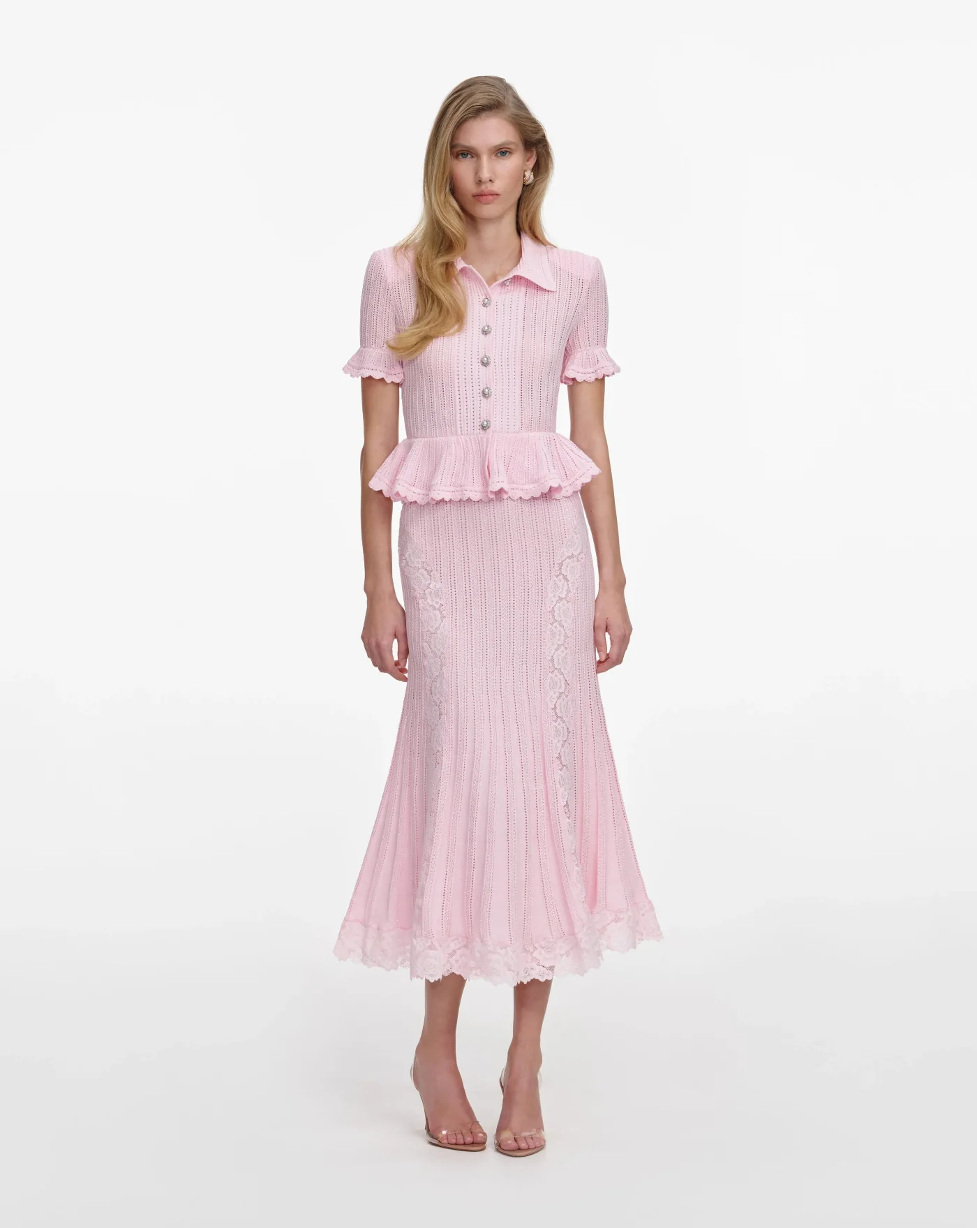 Vestido Self Portrait Pink Pointelle Peplum Knit Midi Dress - Image 2