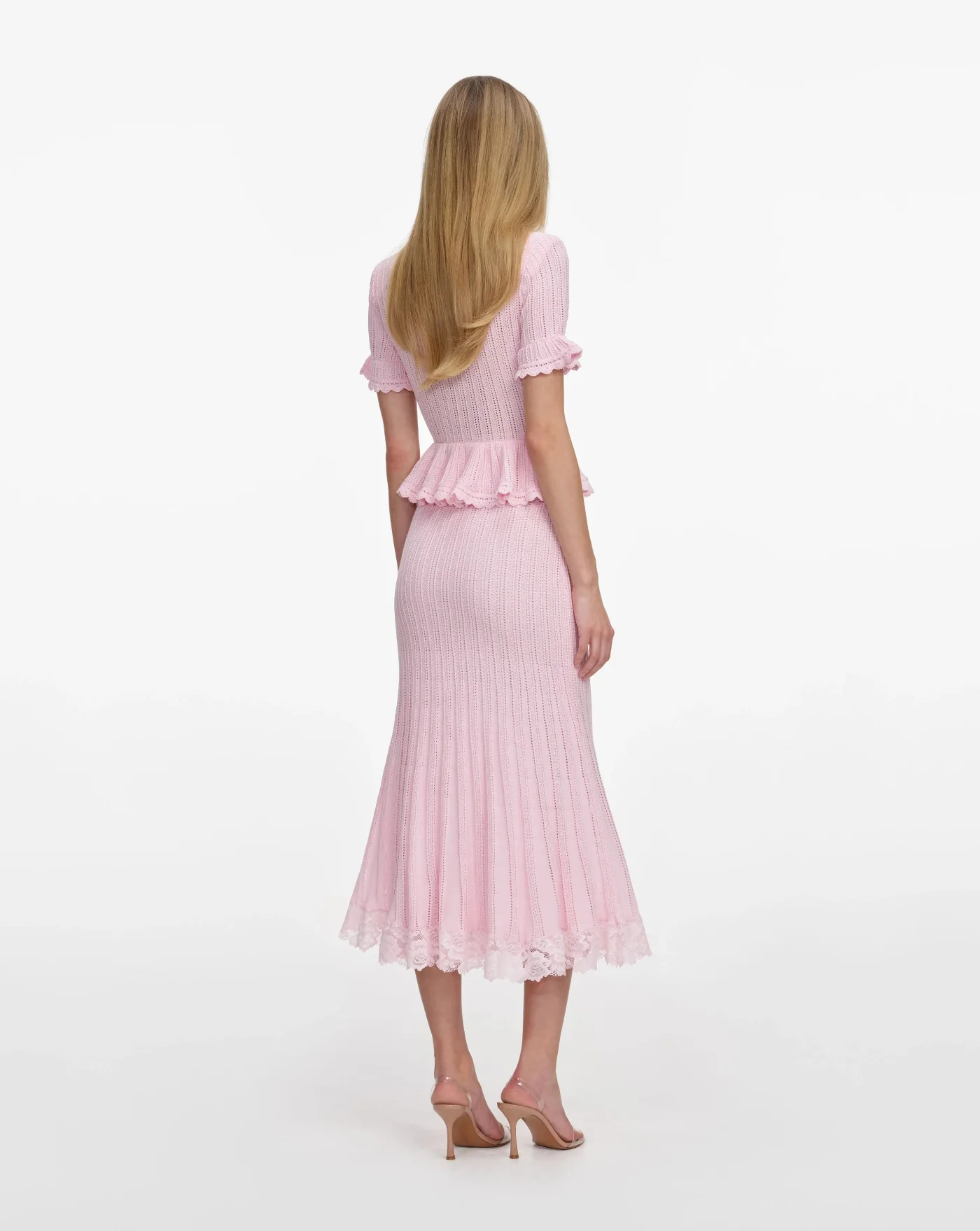 Vestido Self Portrait Pink Pointelle Peplum Knit Midi Dress - Image 3
