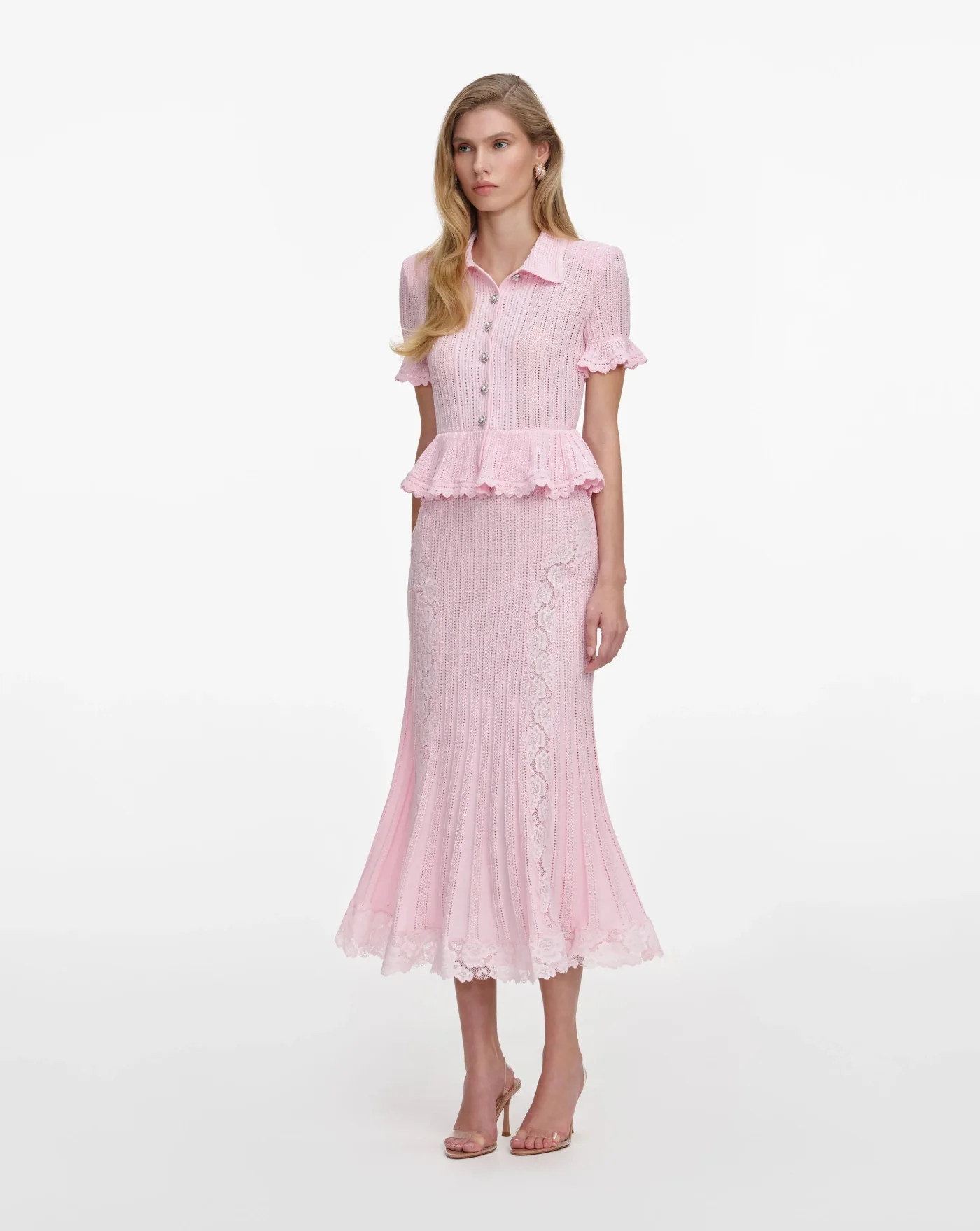 Vestido Self Portrait Pink Pointelle Peplum Knit Midi Dress - Image 4