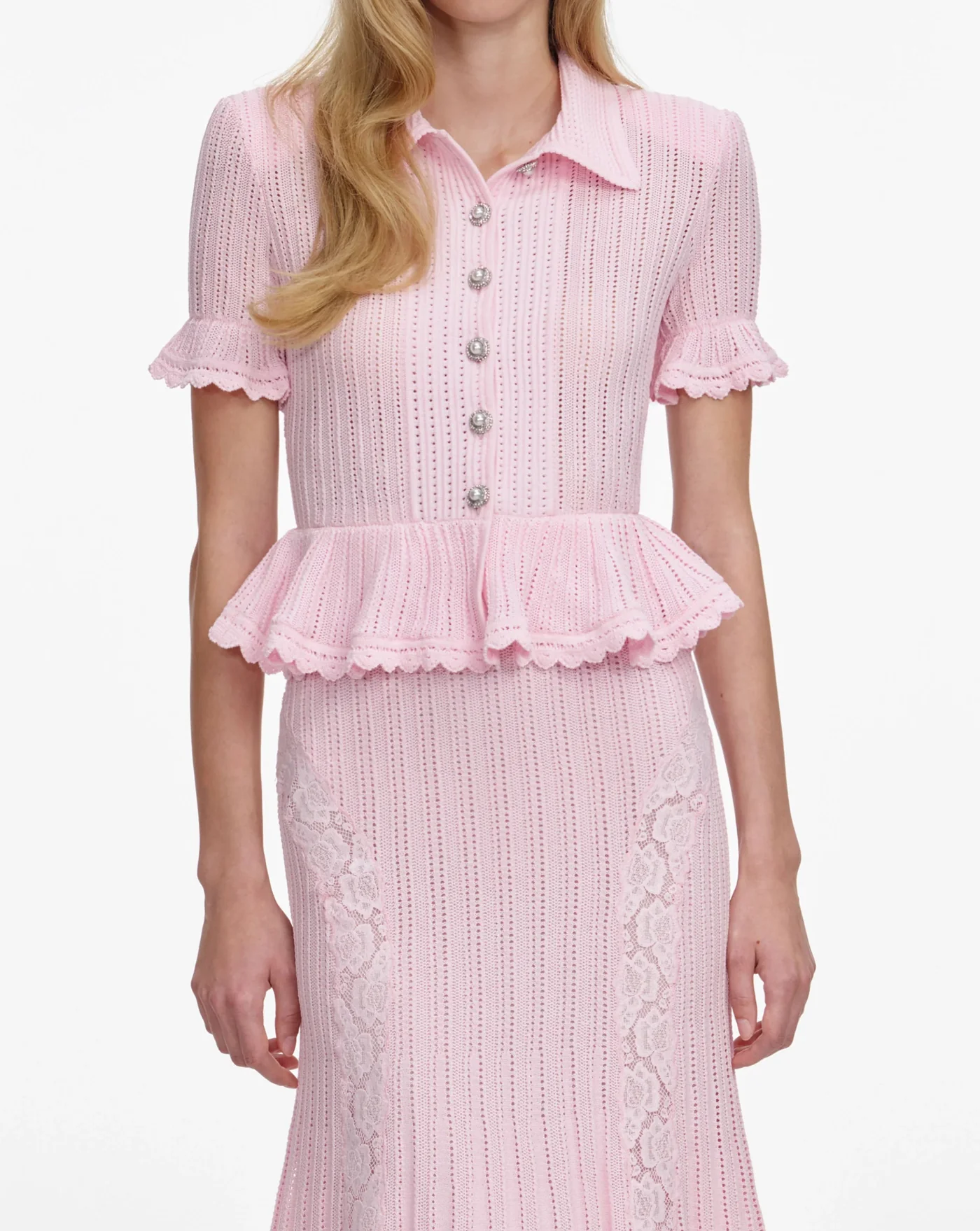 Vestido Self Portrait Pink Pointelle Peplum Knit Midi Dress - Image 5