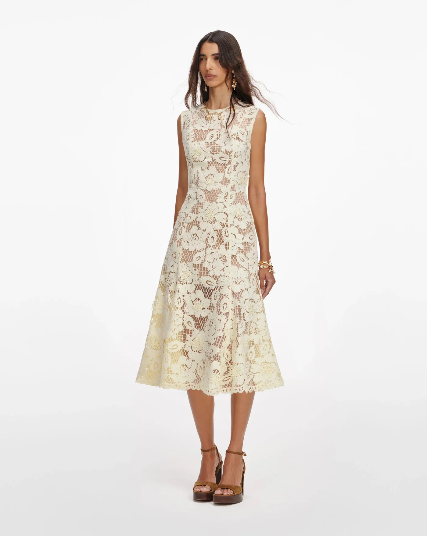 Vestido Self Portrait Yellow Crochet Lace Midi Dress - Image 4