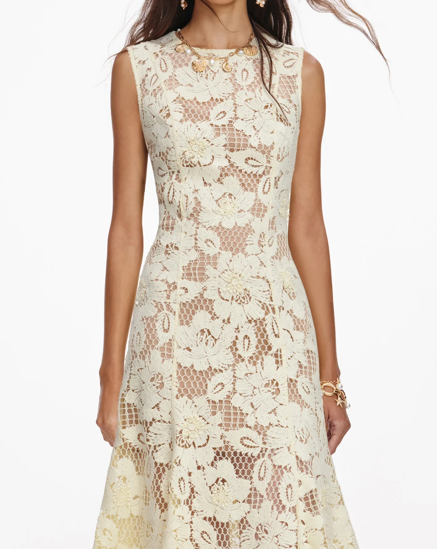 Vestido Self Portrait Yellow Crochet Lace Midi Dress - Image 5